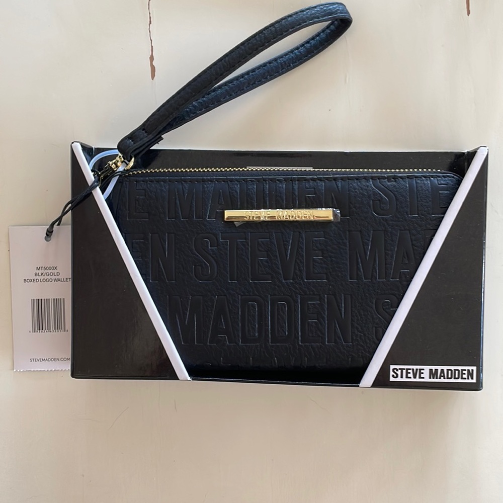 NWT STEVE MADDEN Boxed Black/Gold Wallet Wristlet Women's Clutch Organizer New